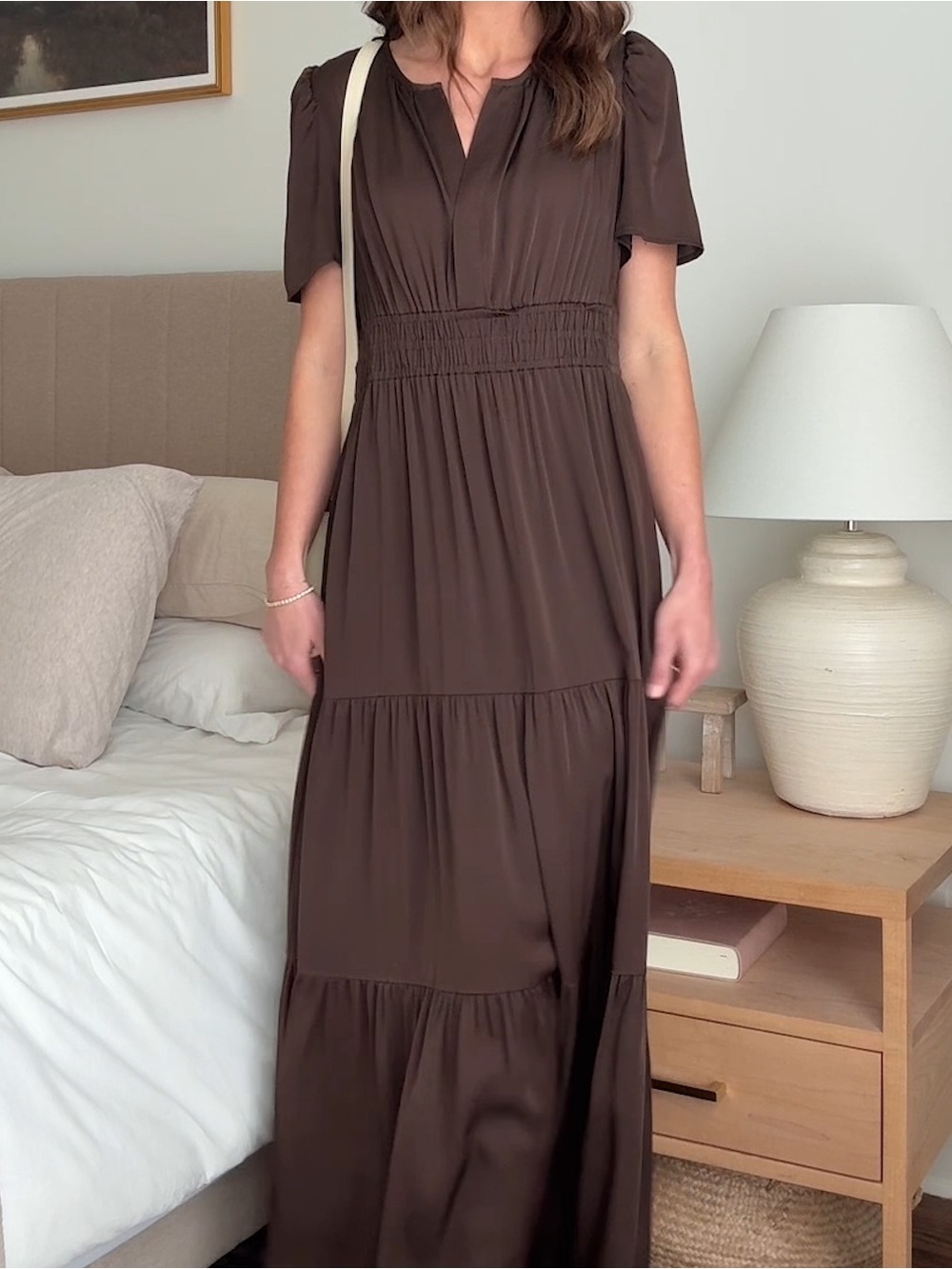 Quince Chocolate Brown Tiered Maxi Dress with Smocked Waist